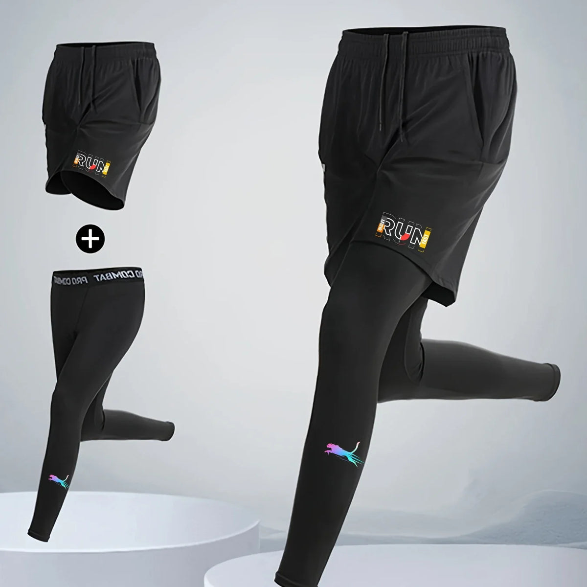 Men's Running Jogging 2 Piece Set Quick Dry Sports Shorts and Compression Tights Athletic Training Wear